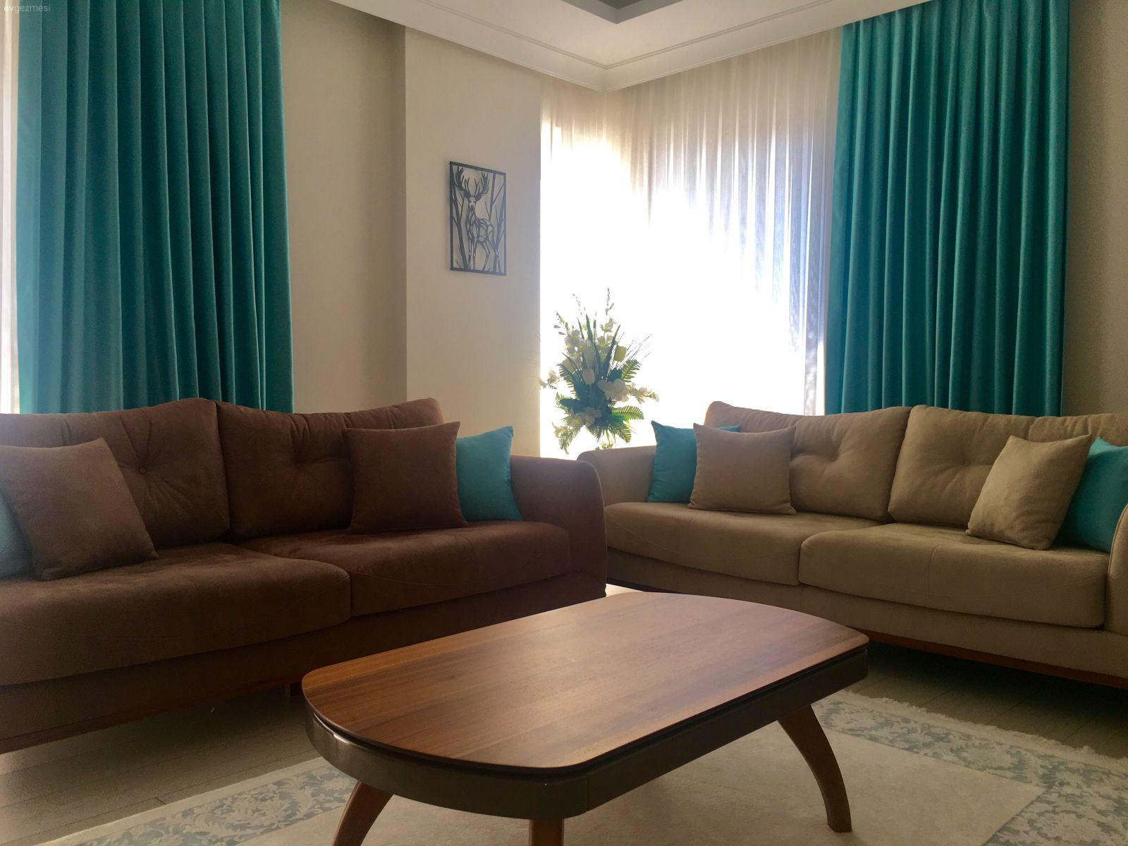 Fon perde, Halı, Kahverengi, Krem, Perde, Salon