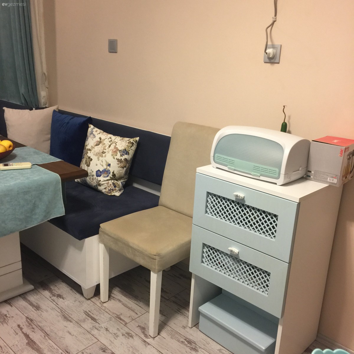 Mutfak, Mutfak köşesi, Eskitme parke, Mavi mutfak