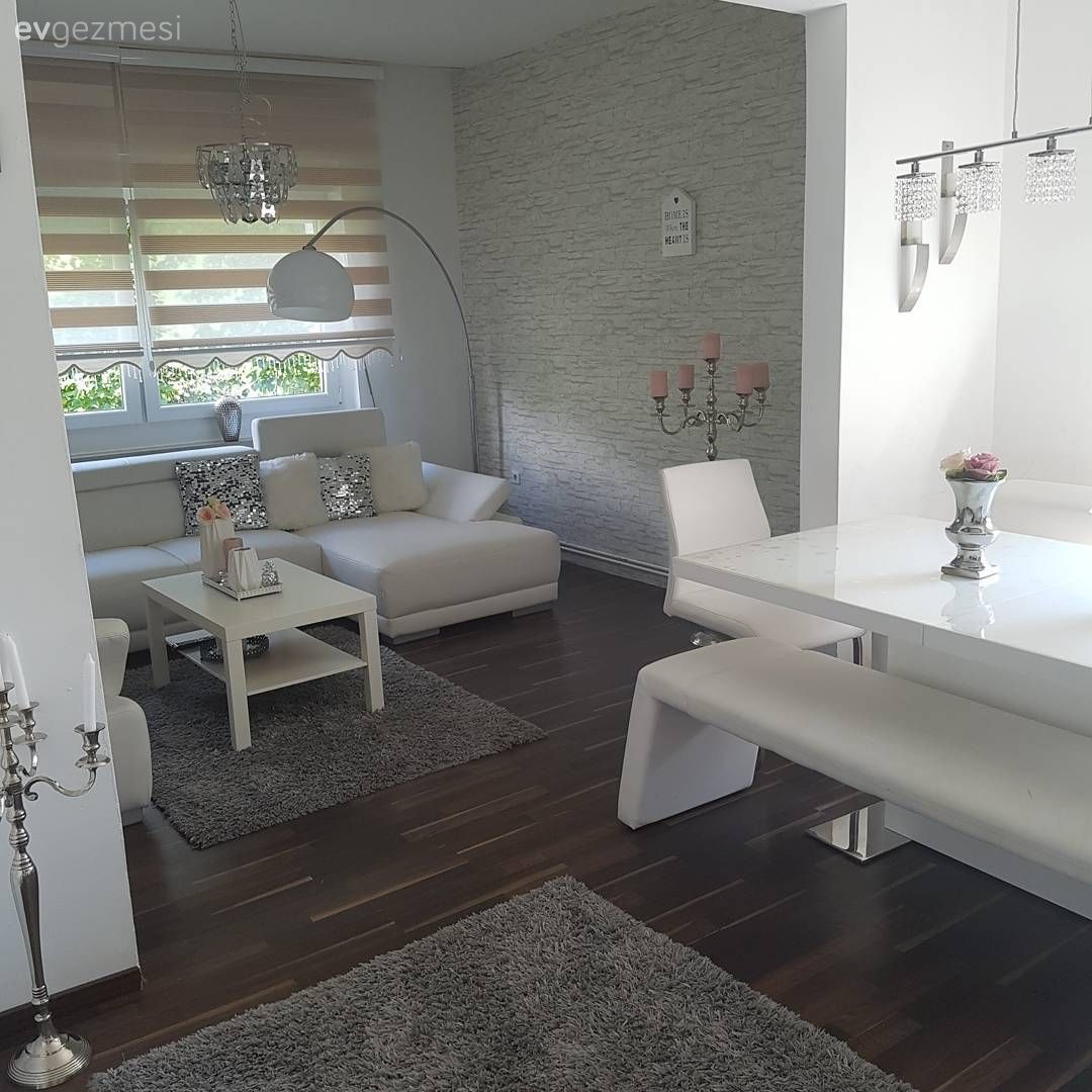 Beyaz, Duvar kağıdı, Gri, Köşe koltuk, Lambader, Salon, Yemek Odası, Aydınlatma