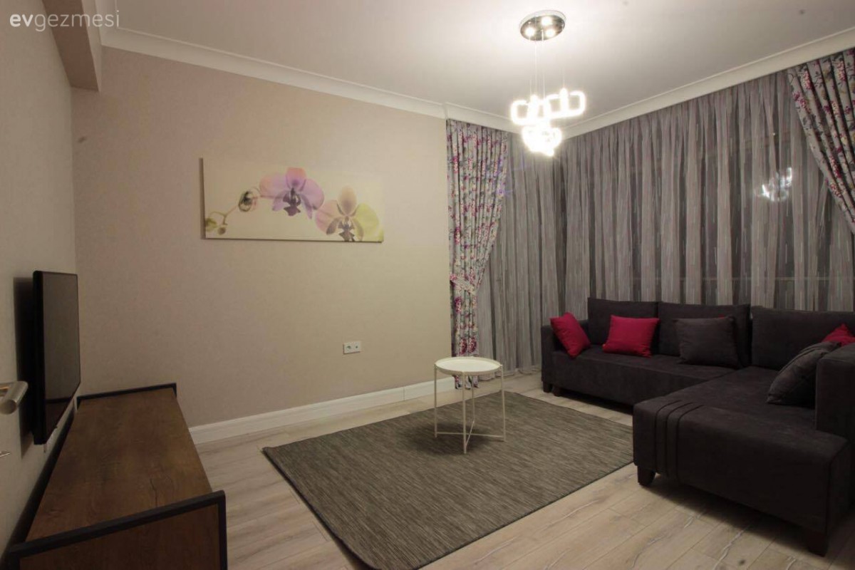 Gri, Halı, Köşe koltuk, Oturma Odası, Perde