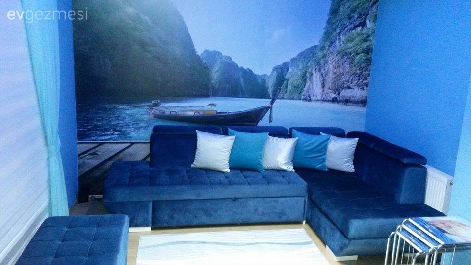 Duvar dekorasyonu, Duvar kağıdı, Mavi, Oturma Odası