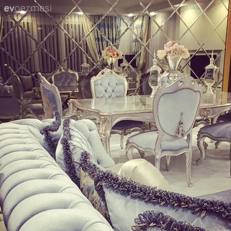 Ayna, Gümüş, Mavi, Yemek Odası, Baklava ayna, Duvar ayna kaplama