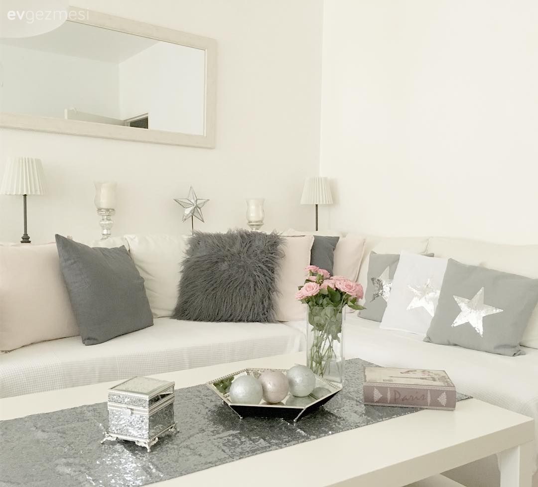 Salon, Gri, Abajur, Ayna, Köşe koltuk, Kırlent