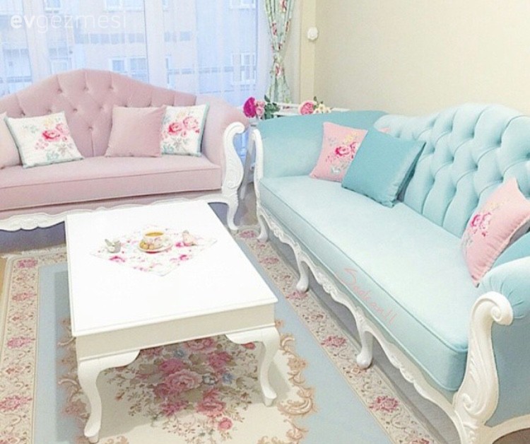 Çiçekli desen, Halı, Mavi, Pembe, Salon, Sehpa