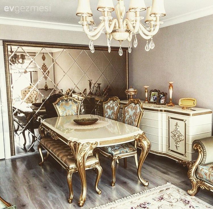 Altın, Avize, Ayna, Konsol, Krem, Salon, Yemek Odası, Aydınlatma
