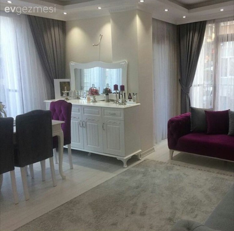 Fon perde, Halı, Konsol, Mor, Perde, Yemek Odası
