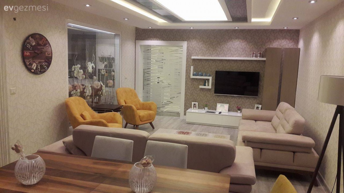 Berjer, Duvar kağıdı, Kahverengi, Salon, Sarı, Tv ünitesi, Yemek Odası