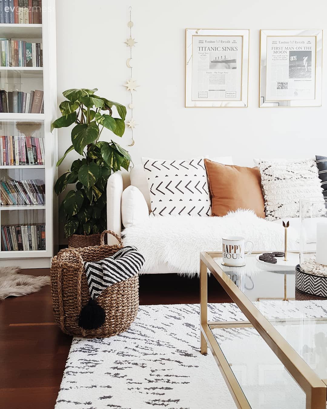 Kitaplık, Hasır sepet, Halı, Orta sehpa, Kırlent, Ayna çerçeve, Salon, Turuncu, Ev bitkisi