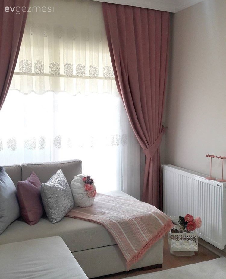 Beyaz, Fon perde, Köşe koltuk, Oturma Odası, Pembe, Perde