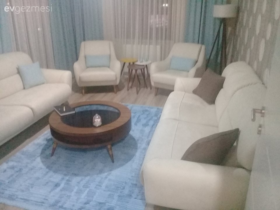Ahşap Mobilya, Halı, Krem, Lambader, Mavi, Orta sehpa, Oturma Odası, Aydınlatma