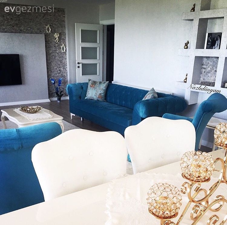 Chesterfield, Mavi, Salon, Yemek Odası