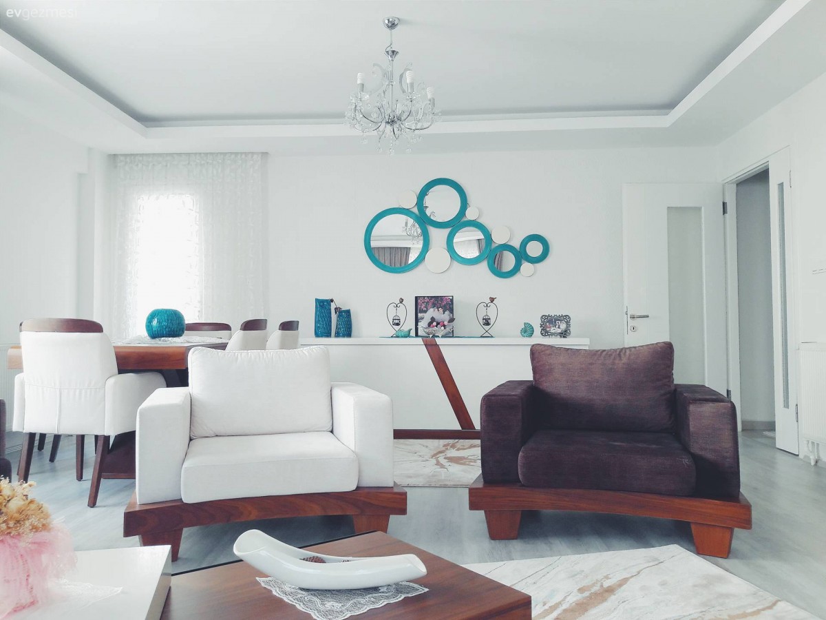 Ayna, Beyaz, Kahverengi, Konsol, Mavi, Orta sehpa, Salon, Yemek Odası