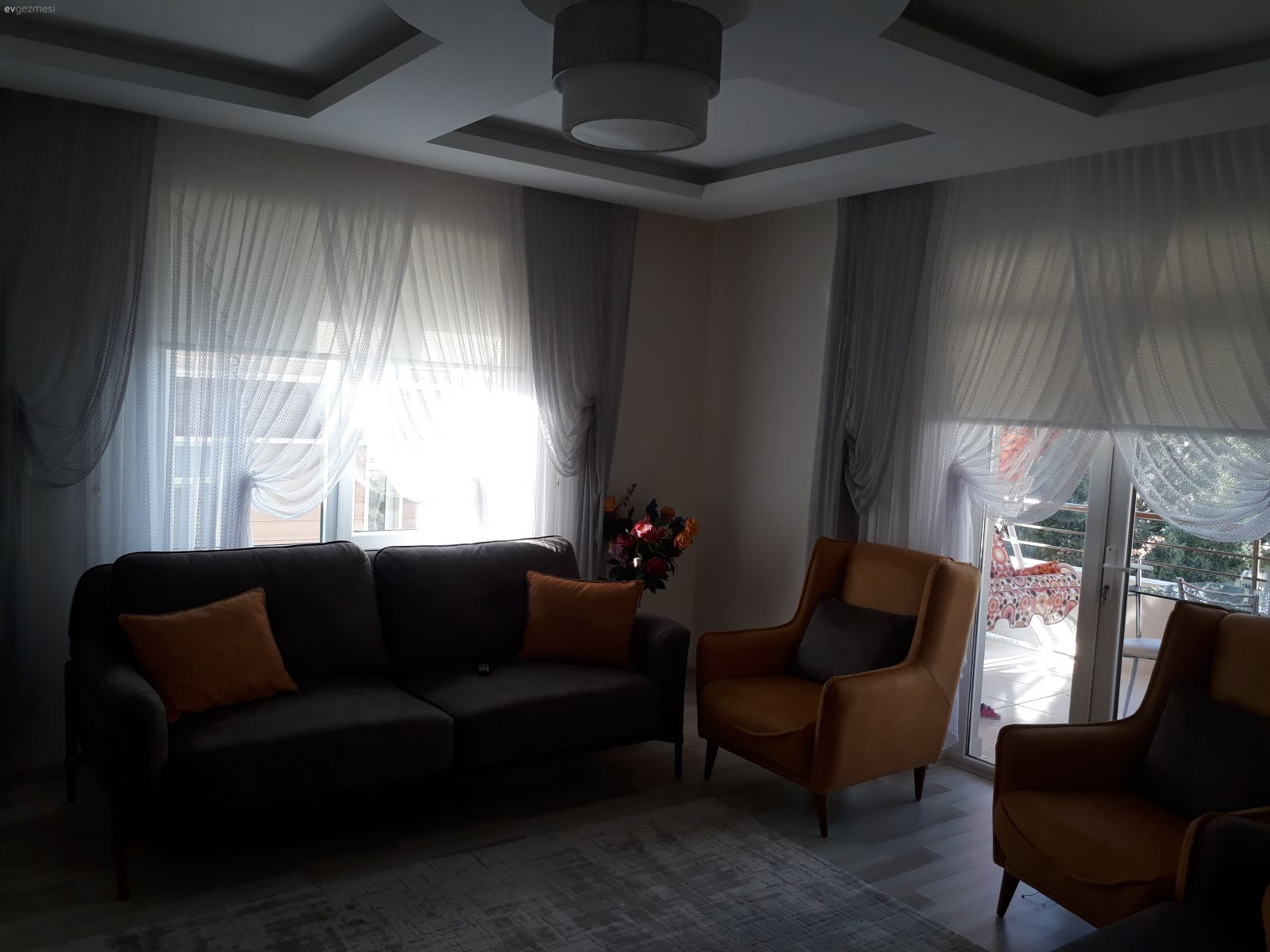 Kruvaze perde, Perde, Asma tavan, Gri, Sarı, Berjer