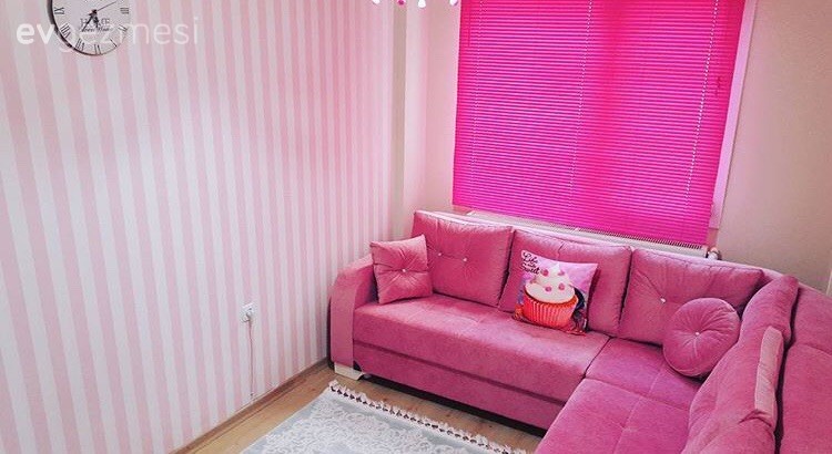 Köşe koltuk, Oturma Odası, Pembe, Çizgili desen, Duvar kağıdı, Perde