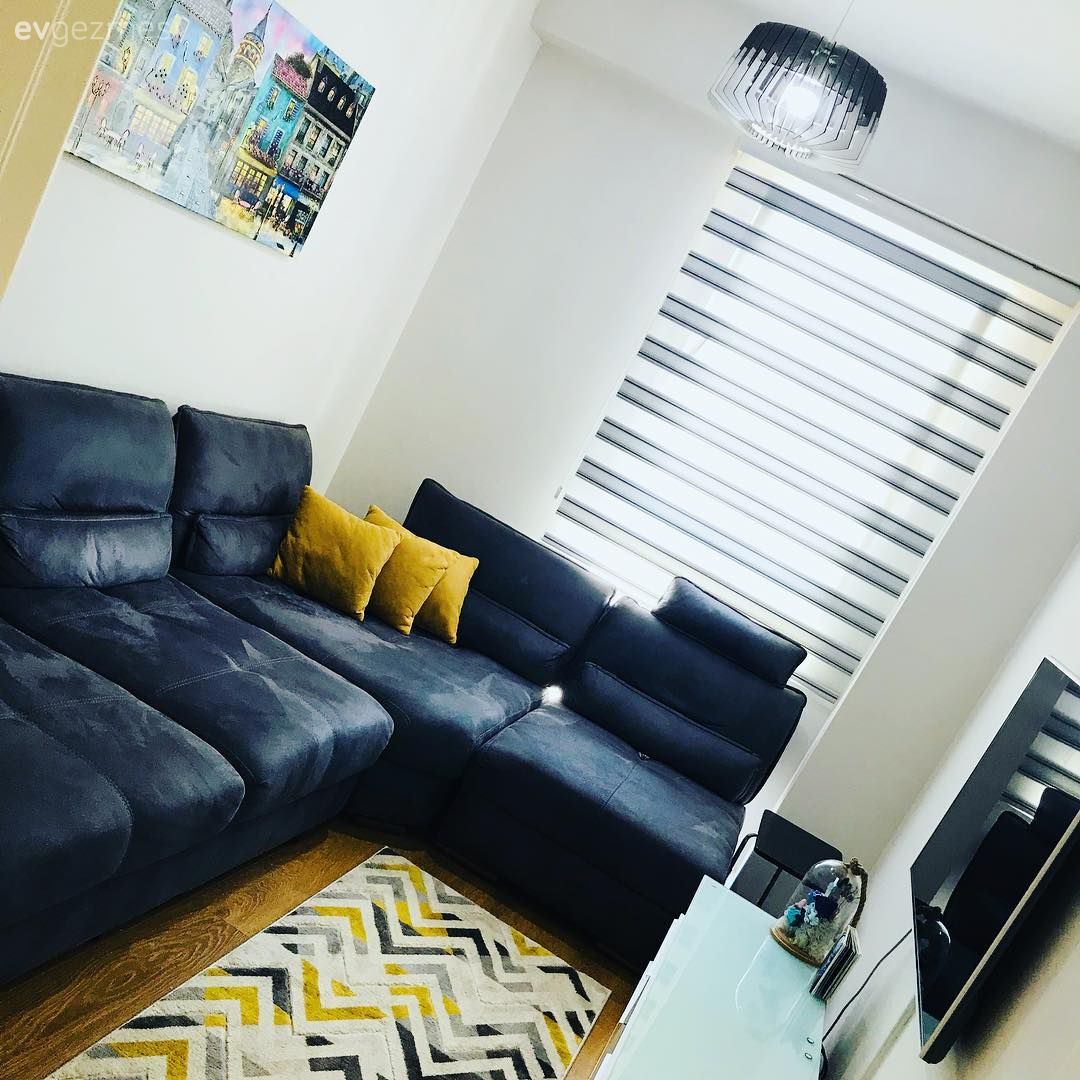 Oturma Odası, Sarı, Köşe koltuk, Halı, Zigzak desen, Gri