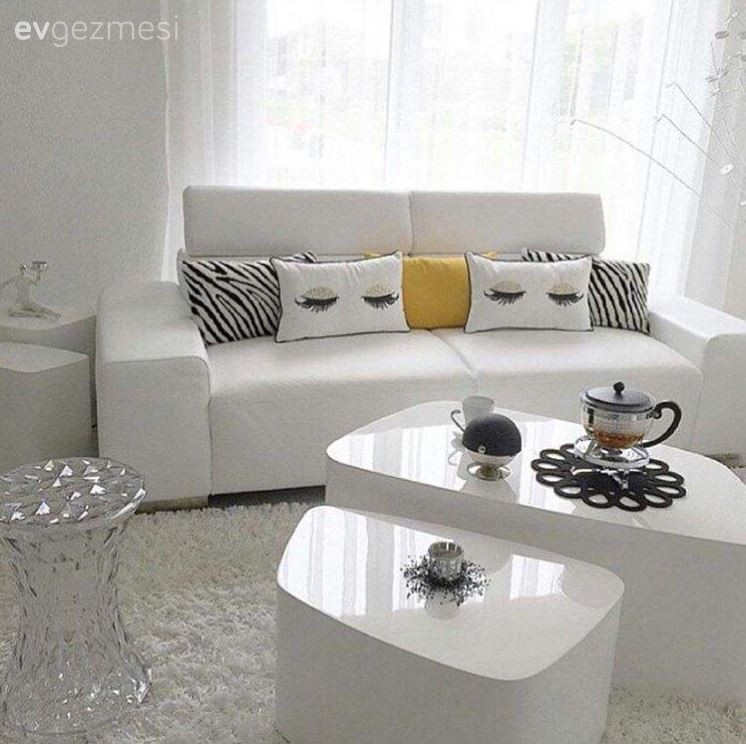 Beyaz, Perde, Salon, Sarı, Sehpa