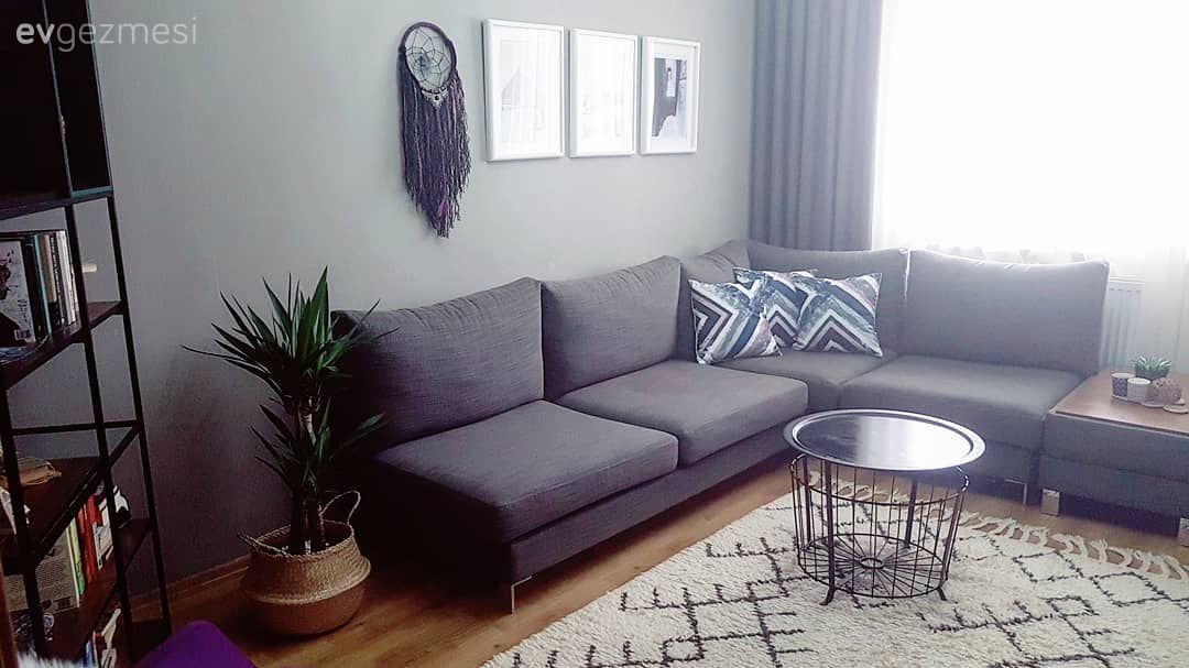 Oturma Odası, Gri, Köşe koltuk, Halı, Orta sehpa, Duvar dekorasyonu, Fon perde