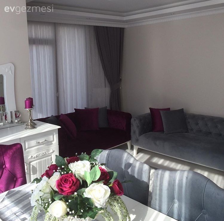 Fon perde, Gri, Mor, Salon, Yemek Odası, Perde