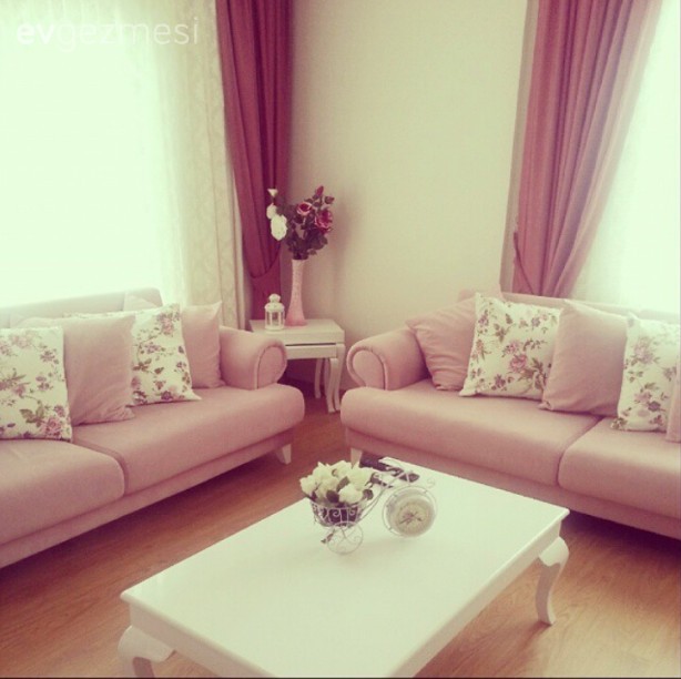 Beyaz, Pembe, Perde, Salon, Sehpa
