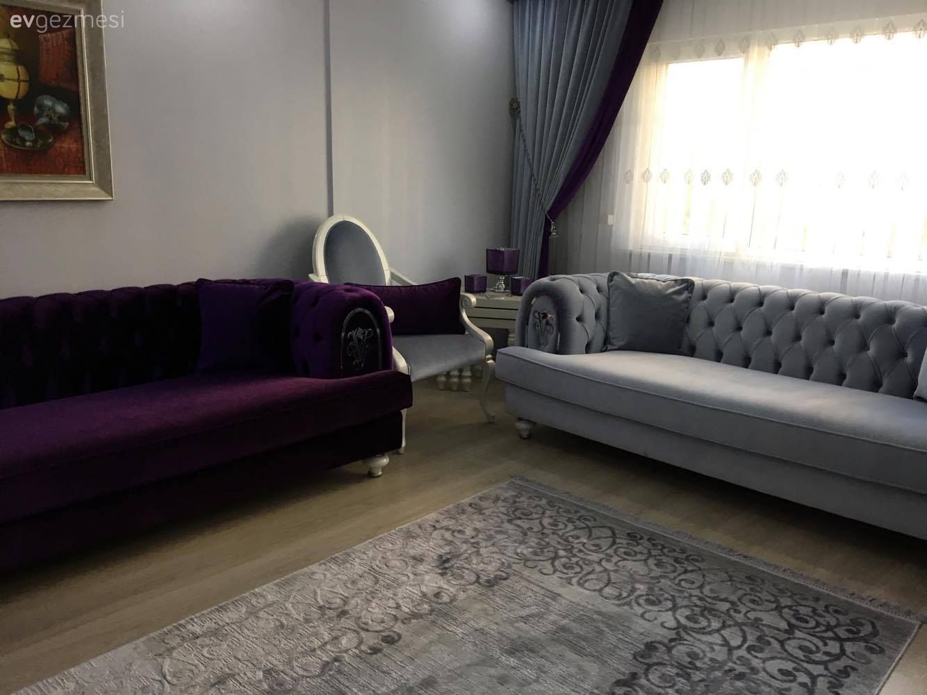 Fon perde, Gri, Halı, Mor, Perde, Salon