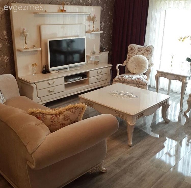 Beyaz, Bordo, Fon perde, Orta sehpa, Salon, Tv ünitesi, Perde