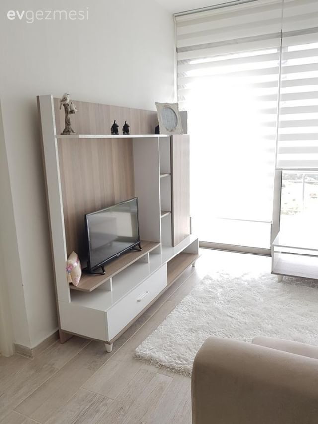 Tv ünitesi, Oturma Odası, Halı, Beyaz halı, Shaggy halı