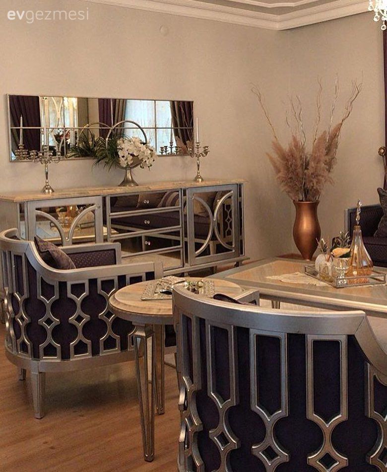 Salon, Aynalı mobilya, Art deko, Berjer, Mor, Konsol, Ayna, Konsol üzeri dekoratif objeleri