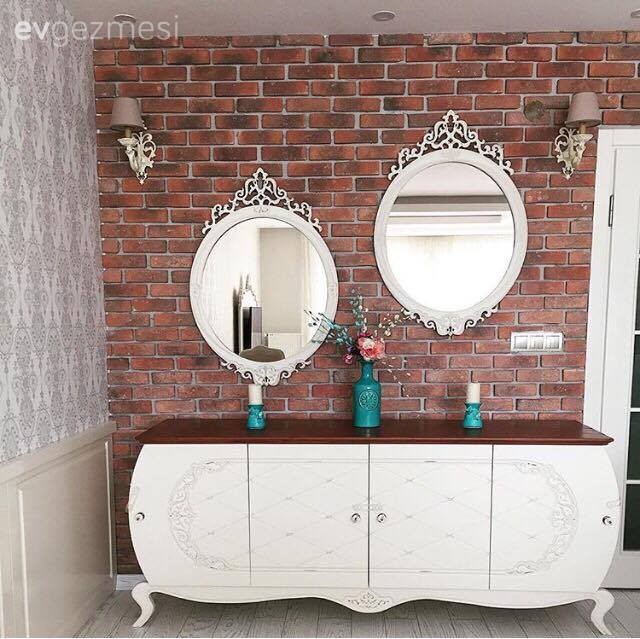 Ayna, Country, Konsol, Salon, Taş duvar, Yemek Odası