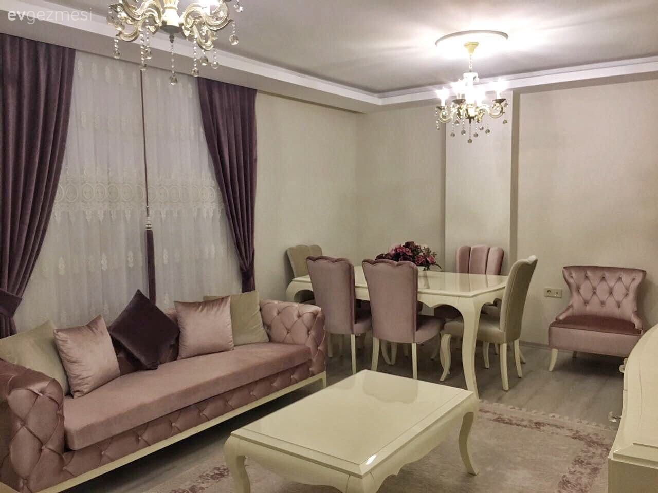 Chesterfield, Fon perde, Halı, Krem, Orta sehpa, Pembe, Perde, Salon, Yemek Odası