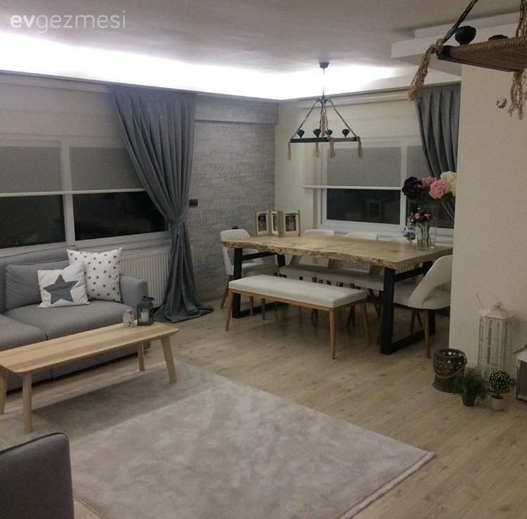 Avize, Aydınlatma, Fon perde, Gri, Halı, Modern, Orta sehpa, Salon, Yemek Odası, Perde