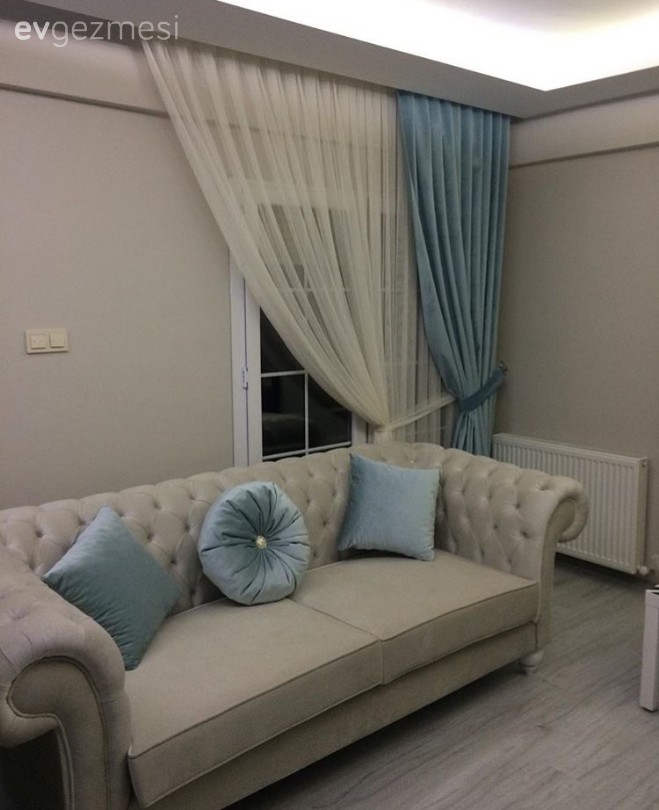 Beyaz, Chesterfield, Fon perde, Mavi, Perde, Salon