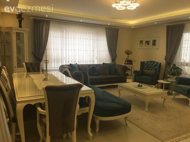 Aydınlatma, Fon perde, Gri, Led aydınlatma, Mavi, Perde, Salon, Yemek Odası