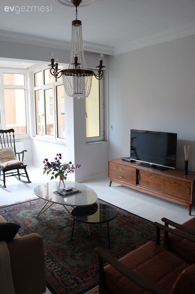 Ahşap Mobilya, Avize, Orta sehpa, Salon, Tv ünitesi, Beyaz parke