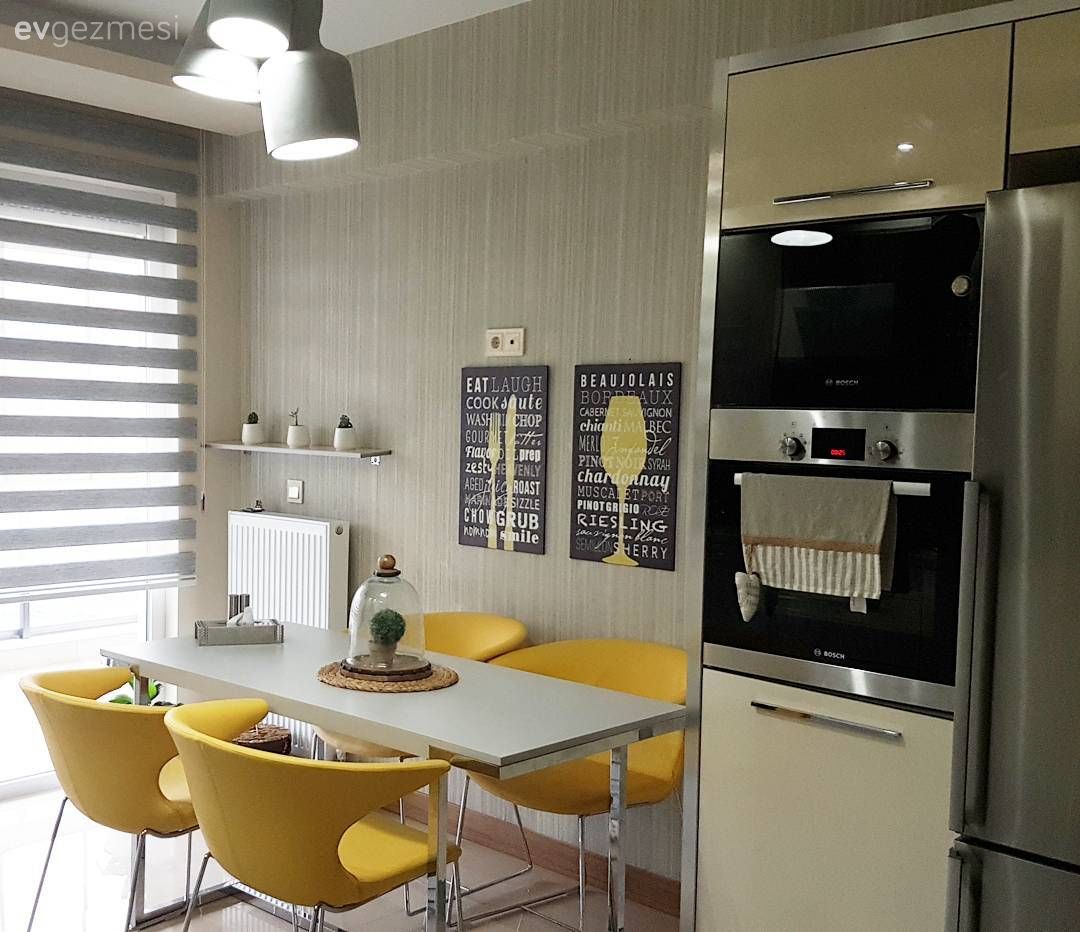 Mutfak, Beyaz mutfak, Sarı, Mutfak masası, Modern mutfak, Duvar panosu