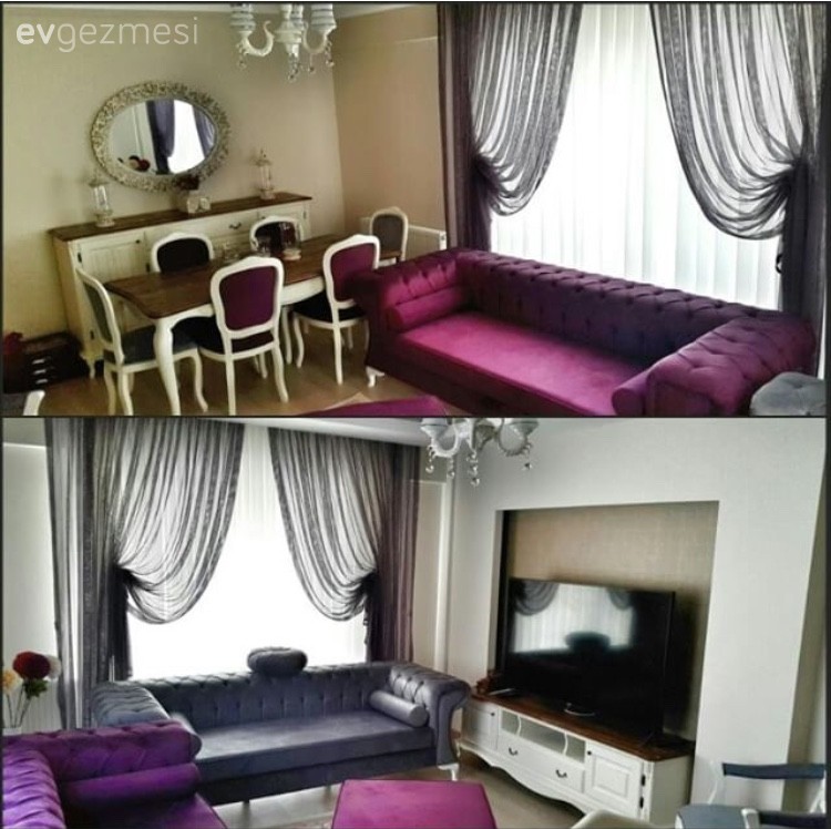 Gri, Konsol, Mor, Perde, Salon, Tv ünitesi, Yemek Odası