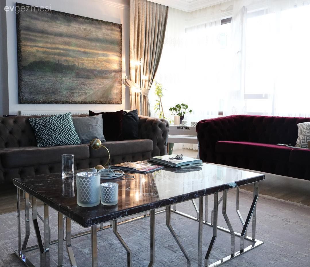 Ayna, Bordo, Duvar dekorasyonu, Fon perde, Gri, Halı, Mermer, Orta sehpa, Tablo