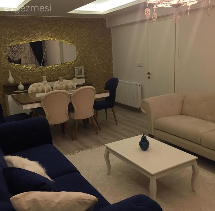 Ayna, Halı, Lacivert, Orta sehpa, Salon, Taş duvar, Yemek Odası