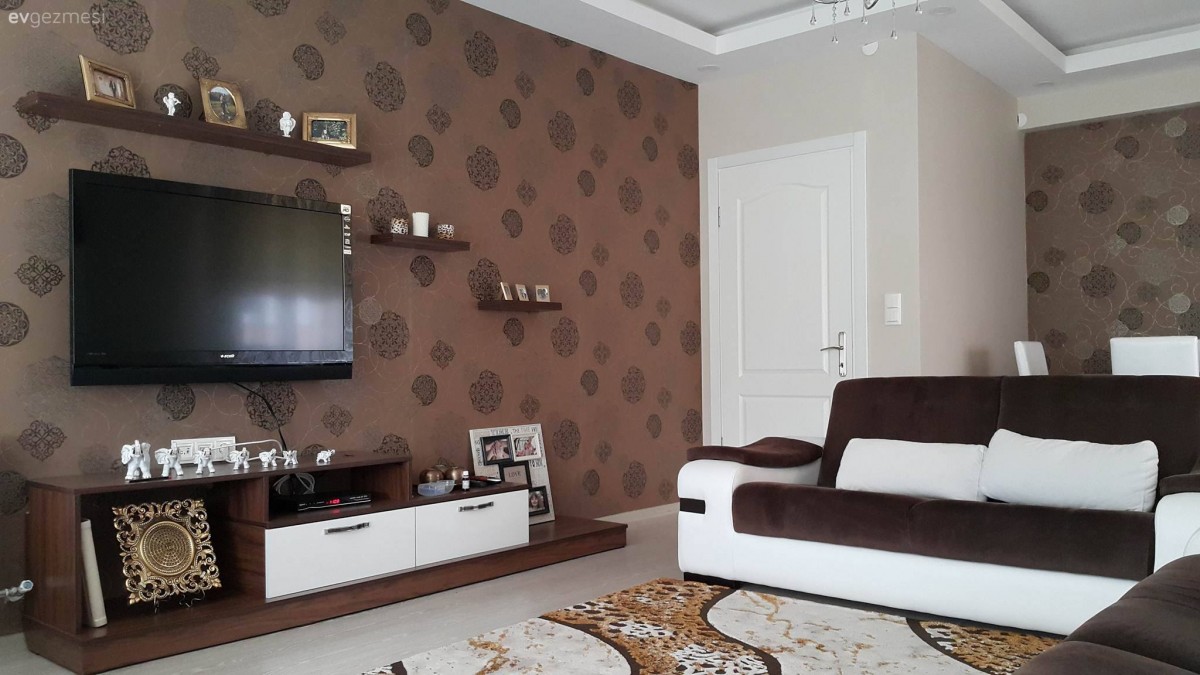 Beyaz, Duvar kağıdı, Kahverengi, Salon, Tv ünitesi