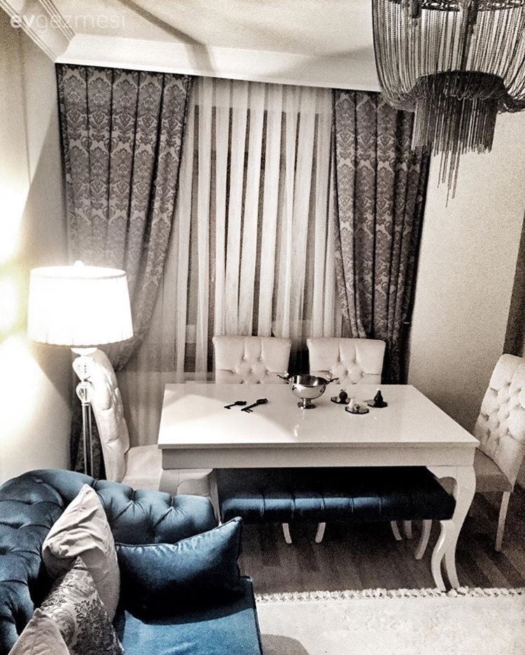 Fon perde, Gri, Lambader, Mavi, Salon, Yemek Odası, Perde, Aydınlatma