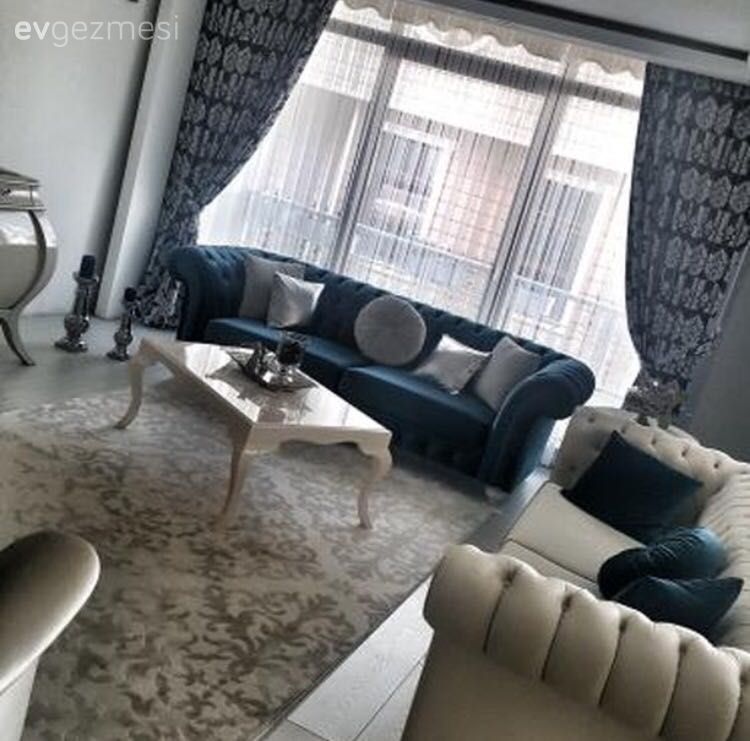 Chesterfield, Fon perde, Halı, Lacivert, Orta sehpa, Perde, Salon