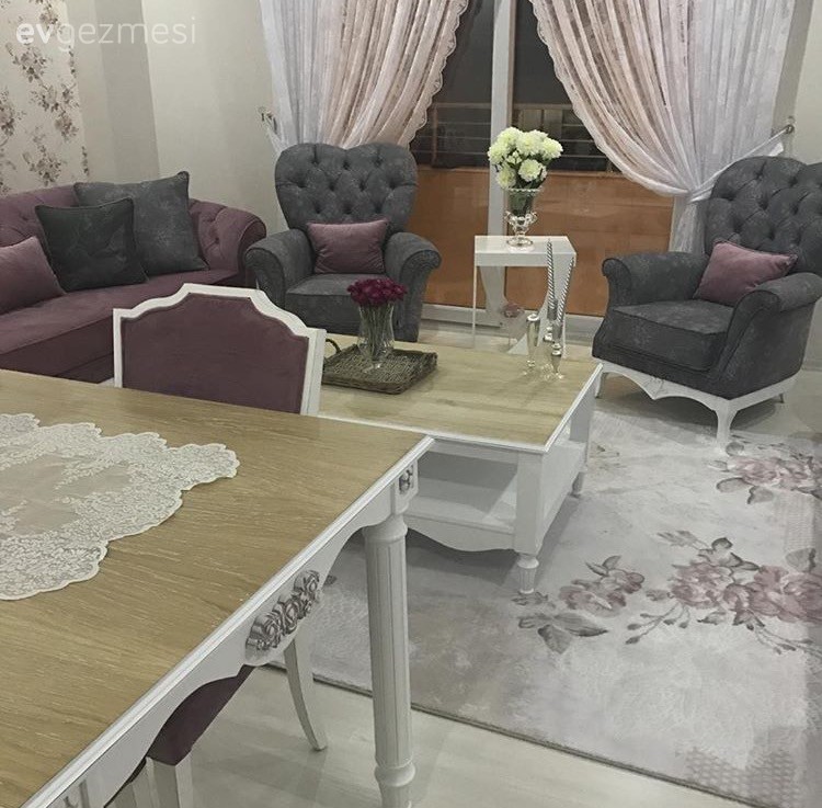 Ahşap Mobilya, Berjer, Halı, Mor, Orta sehpa, Perde, Salon, Yemek Odası