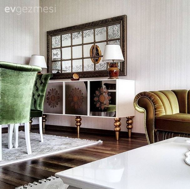 Abajur, Ayna, Duvar dekorasyonu, Konsol, Salon, Yemek Odası, Yeşil, Aydınlatma