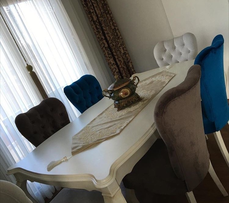 Dekoratif Objeler, Fon perde, Kahverengi, Mavi, Yemek Odası, Perde