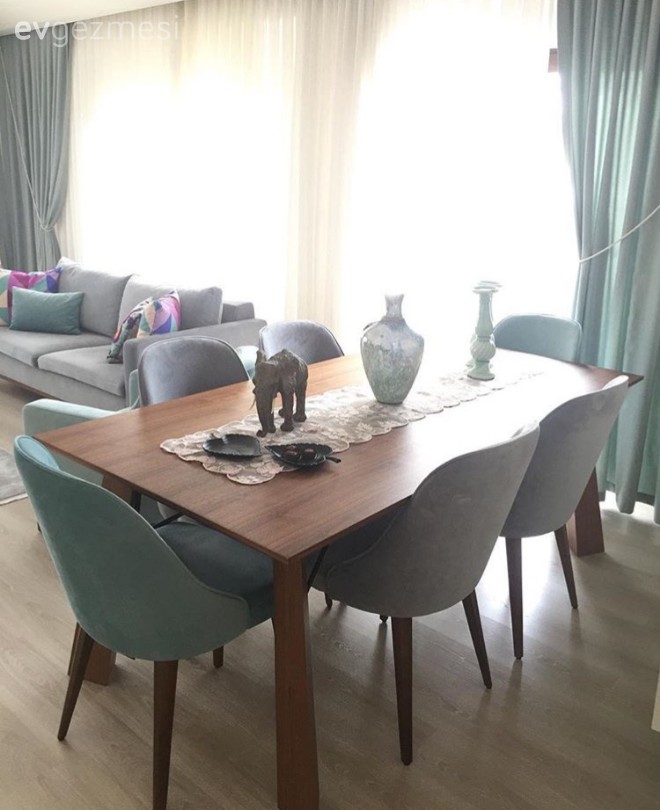 Ahşap Mobilya, Dekoratif Objeler, Fon perde, Gri, Salon, Yemek Odası, Perde