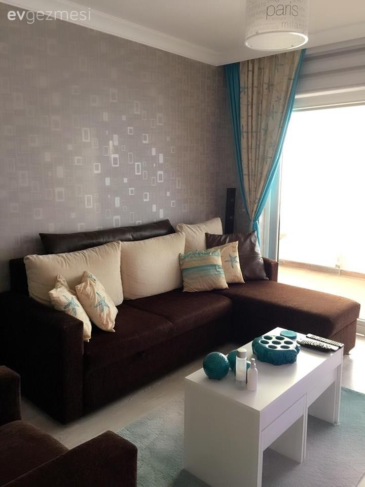 Duvar kağıdı, Fon perde, Kahverengi, Köşe koltuk, Oturma Odası, Perde, Kırlent