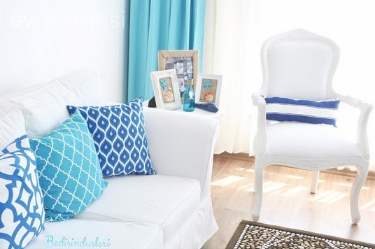 Beyaz, Mavi, Perde, Salon