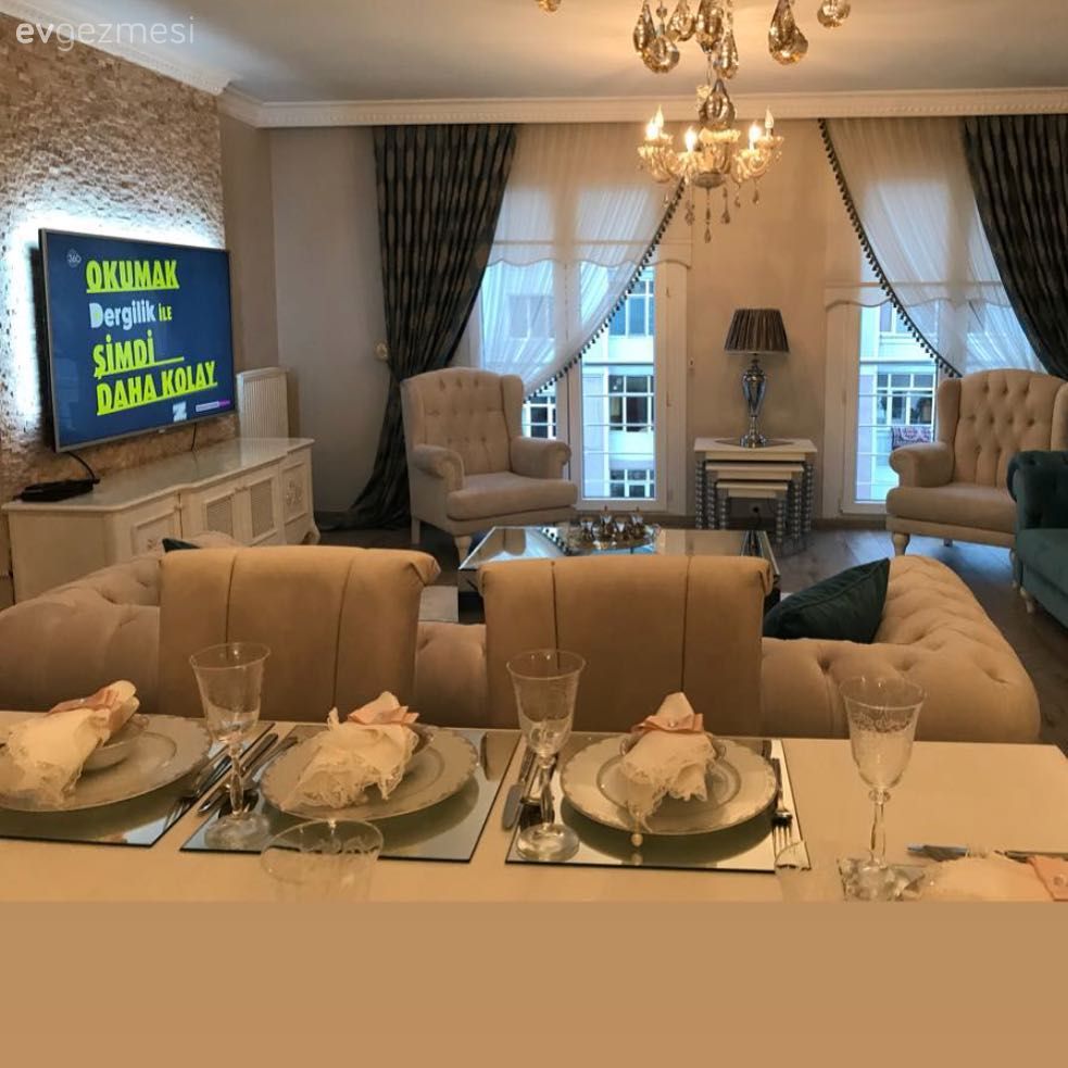 Salon, Sunum, Kruvaze perde, Avize, Yemek Odası, İder Mobilya