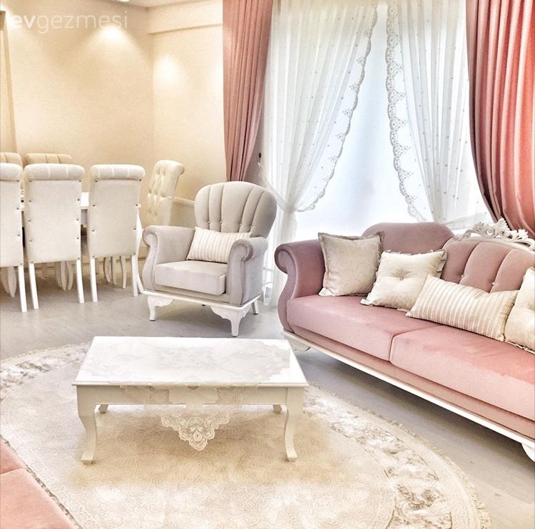 Fon perde, Halı, Orta sehpa, Pembe, Salon, Yemek Odası, Perde