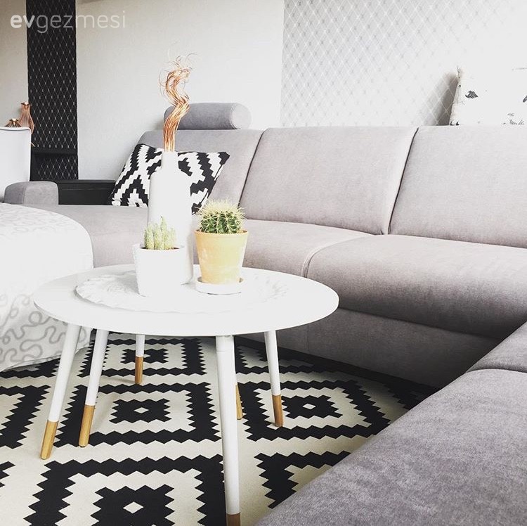 Gri, Halı, Köşe koltuk, Modern, Salon, Sehpa, Siyah- Beyaz