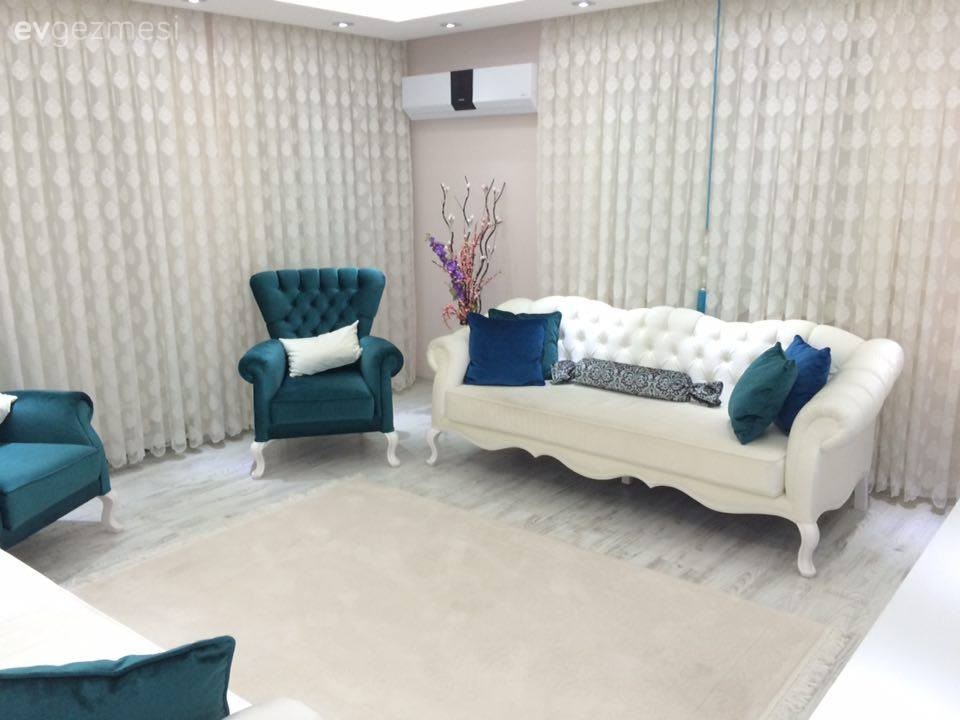 Berjer, Beyaz, Mavi, Perde, Salon